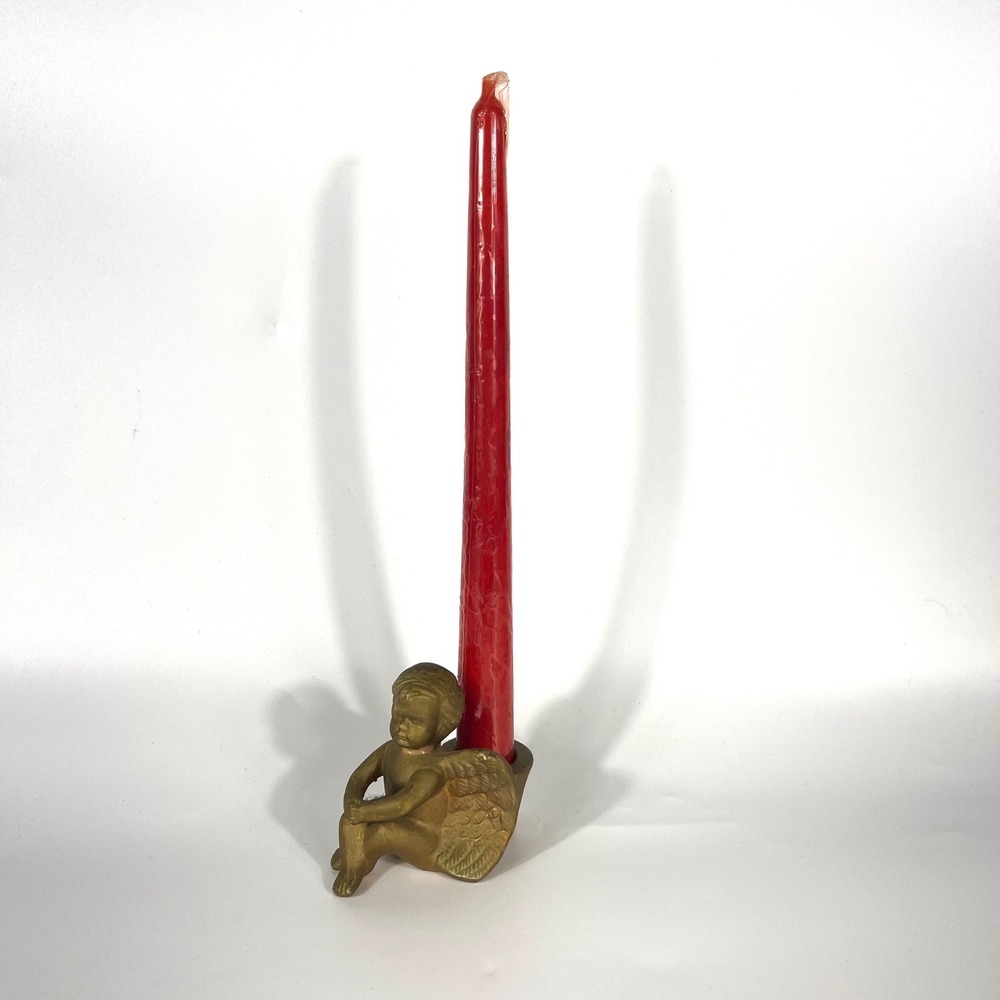 Vtg 90s Y2K Cherub Angel Candle Holder Gold Ceramic Taper Candles Romantic Decor